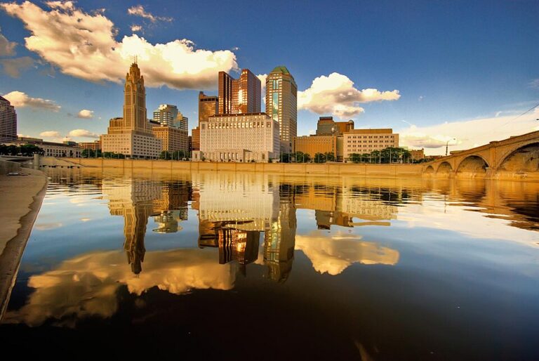 Columbus skyline from the Scioto River in a 2008 photograph
