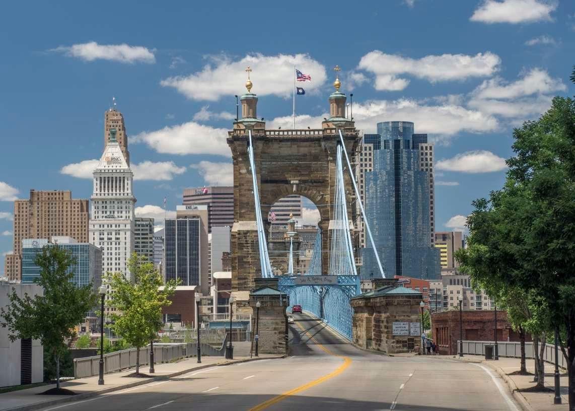 John A. Roebling Suspension Bridge and Cincinnati skyline